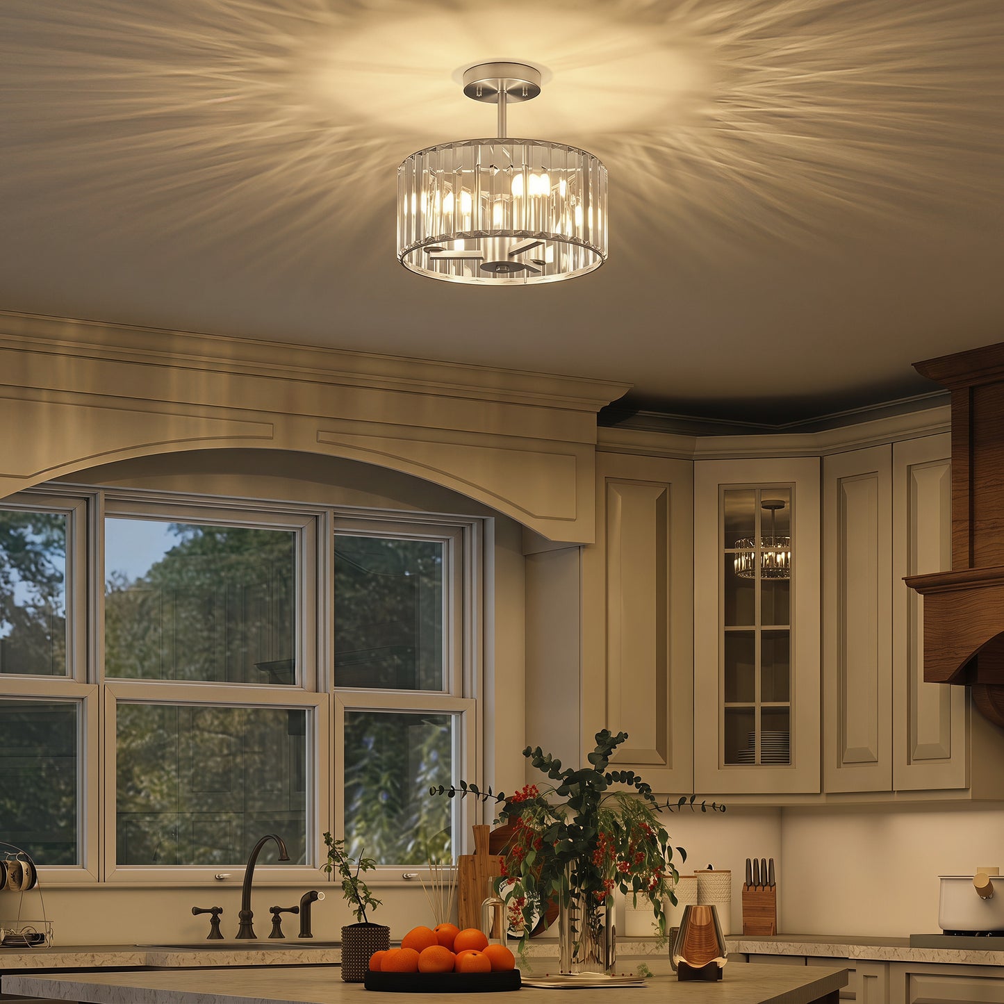 Semi Flush Mount Modern Crystal Chandelier Ceiling Light, Crystal Ceiling Light Fixture with E14 Base, Silver Tone