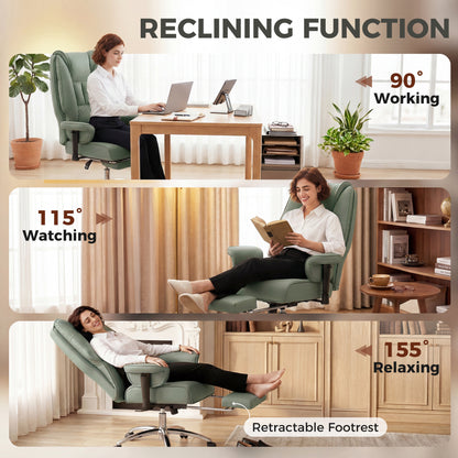 Executive Office Chair, Reclining Desk Chair with Footrest, Adjustable Armrests, Pet Friendly Faux Leather, Green