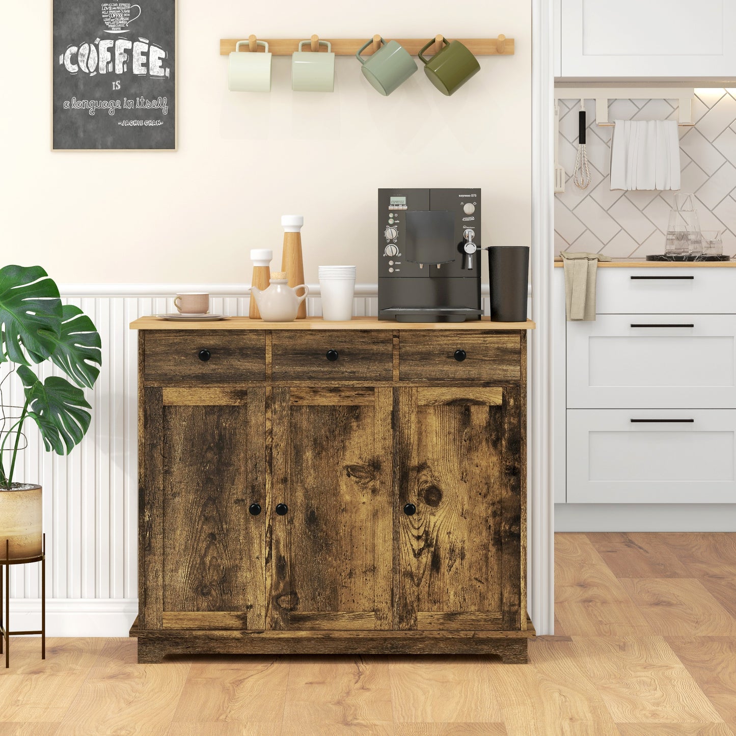 Sideboard with Rubberwood Top and Adjustable Shelves for Dining Room, Kitchen - Rustic Brown