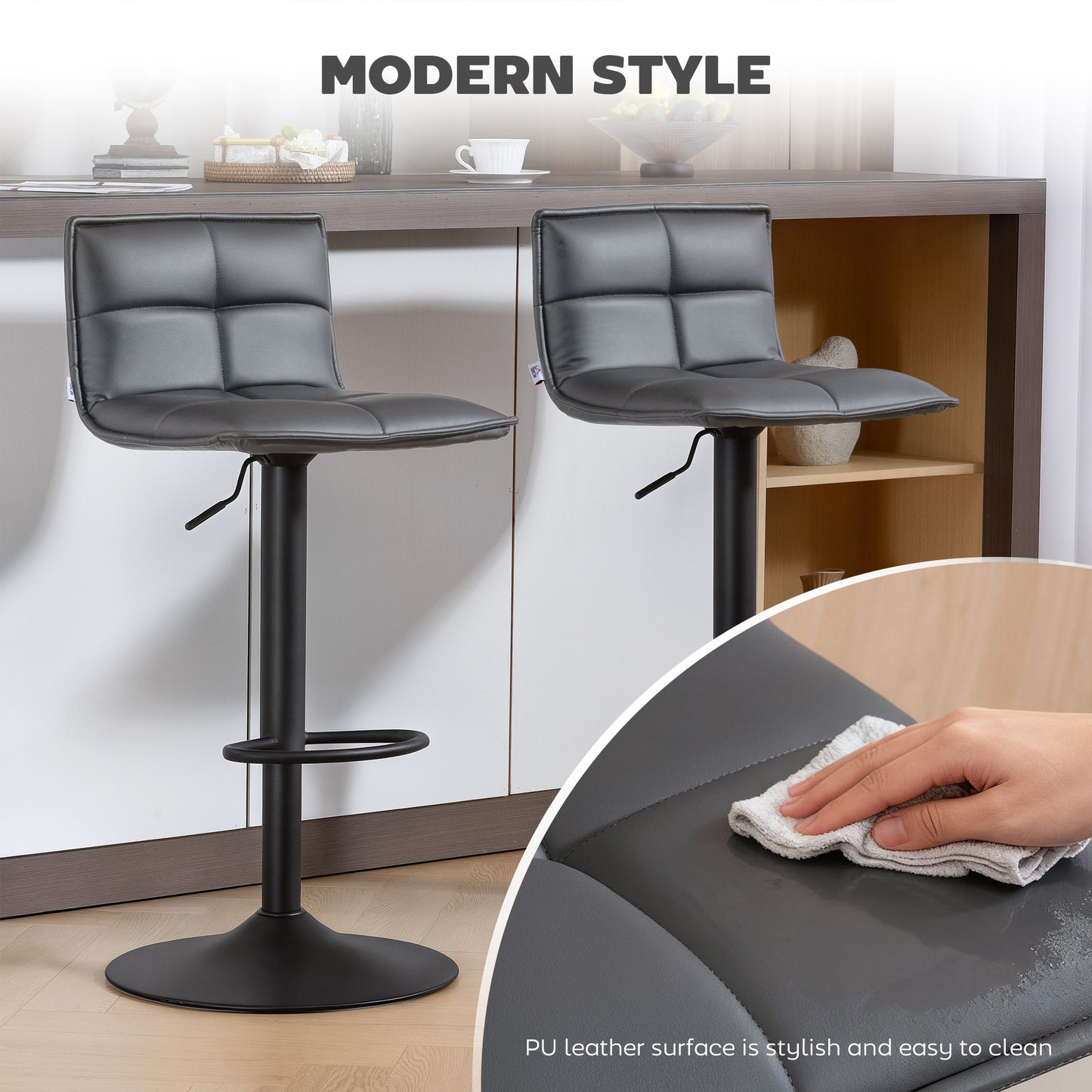 Set of Two Modern Faux Leather Bar Stools - Dark Grey