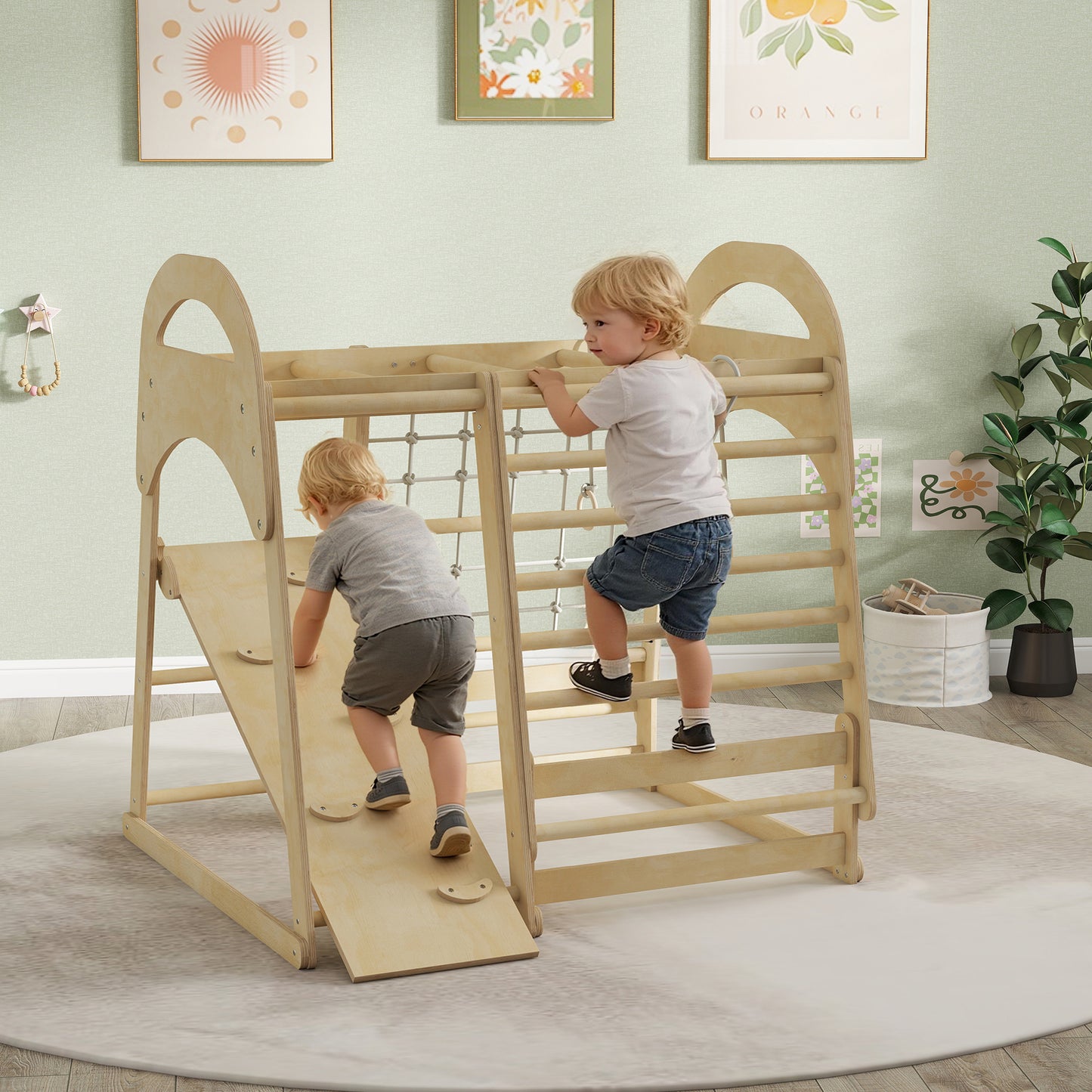 6 in 1 Kids Climbing Frame with Slide, Monkey Bars, Gymnastics Rings, Ladder, Climbing Net, for 3-6 Years, Natural Tone