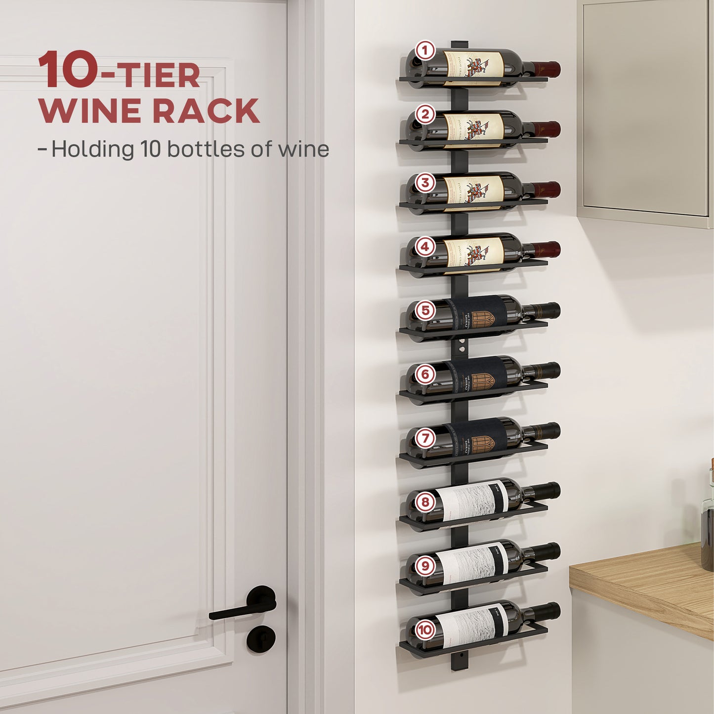 Wine Rack, Wall Mounted, 10 Tier Metal Wine Display Rack, Storage Holder for Kitchen, Dining Room, Bar, Cellar, Black