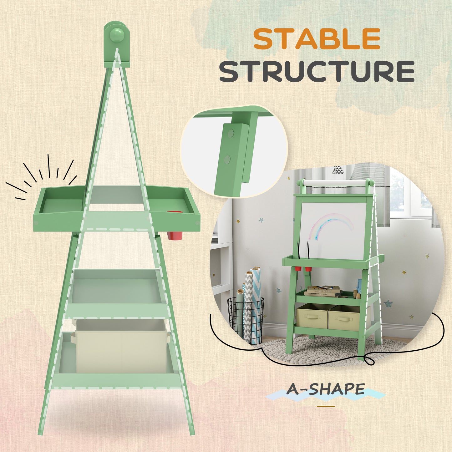 3 in 1 Kids Easel Double-Sided Magnetic Whiteboard and Chalkboard with Paper Roll, Storage Baskets - Green