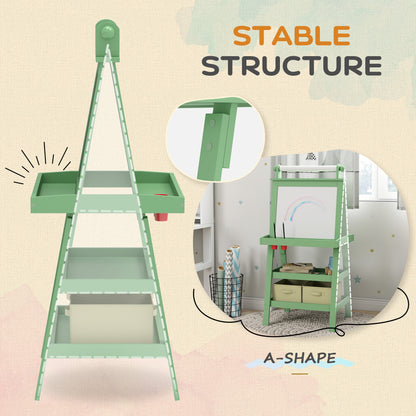 3 in 1 Kids Easel Double-Sided Magnetic Whiteboard and Chalkboard with Paper Roll, Storage Baskets - Green