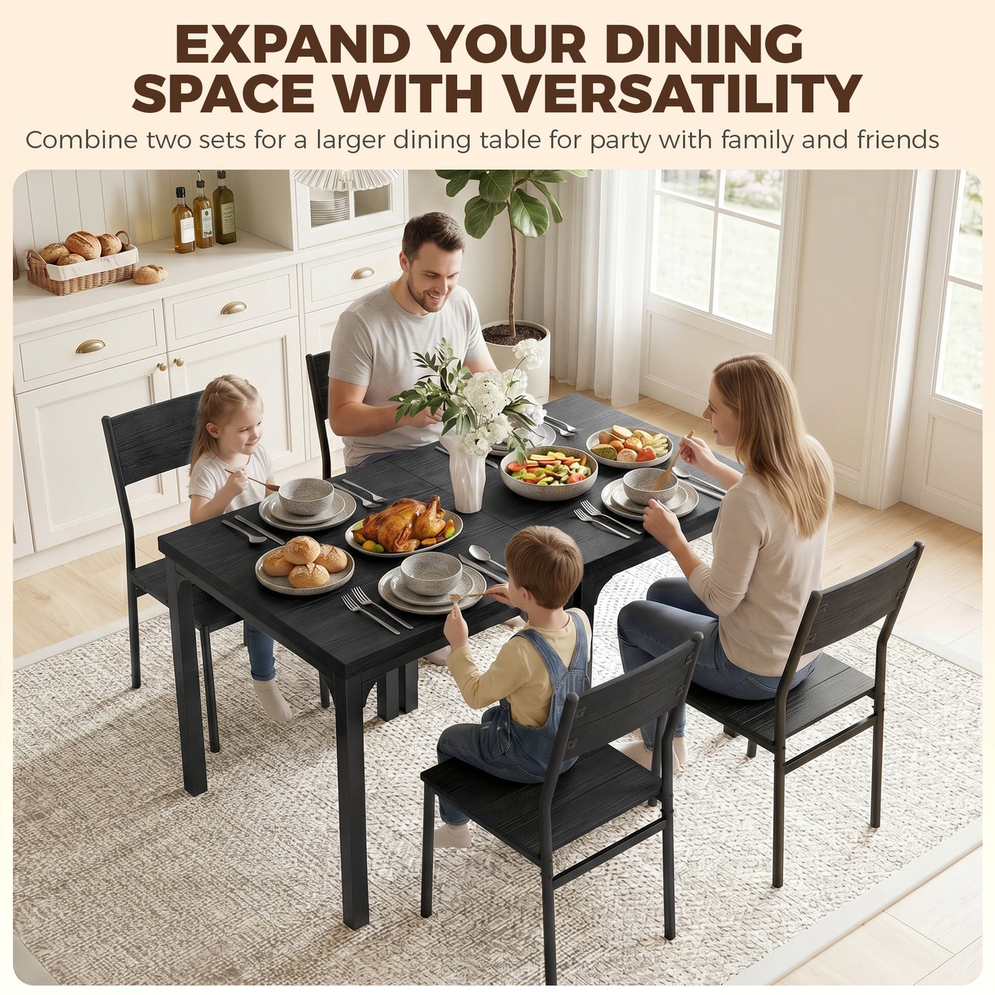 3 Piece Space-Saving Kitchen Table and Chairs, Dining Table Set for 2 with Metal Legs, Black Wood Effect