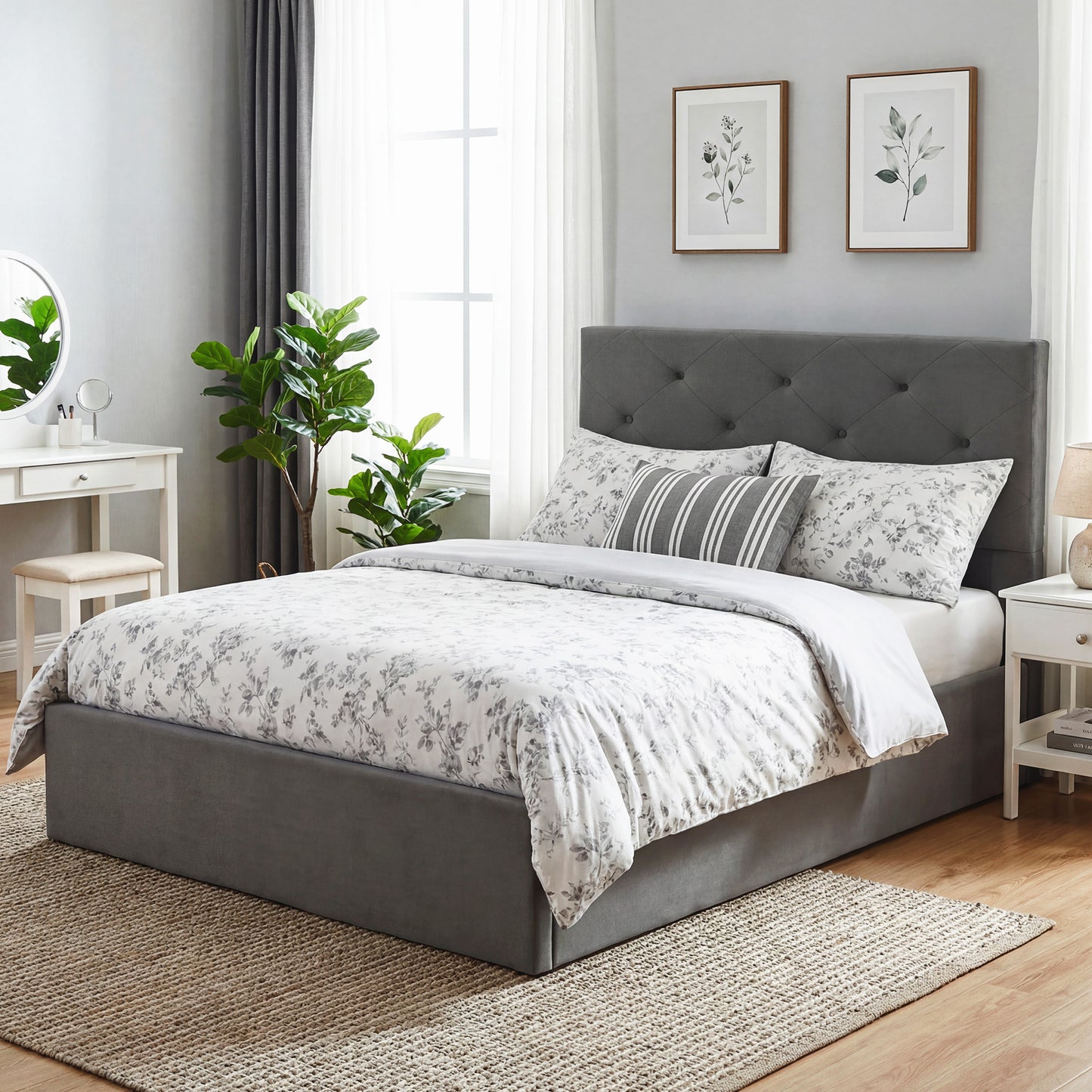 Double Bed Frame Gas End Lift Under Bed Storage Upholstered Platform Bed Tufted Headboard for 140 x 190 cm Mattress