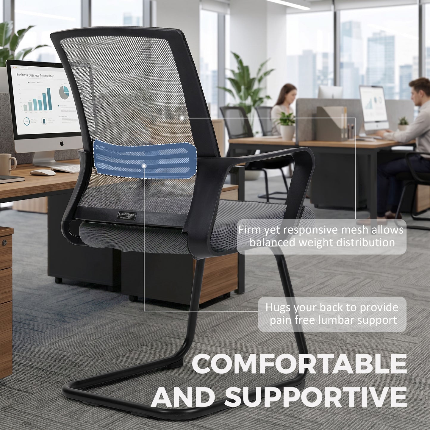 Padded Meeting Office Chair, Ergonomic Desk Chair No Wheels with Sled Base for Bedroom, Waiting, Reception, Dark Grey