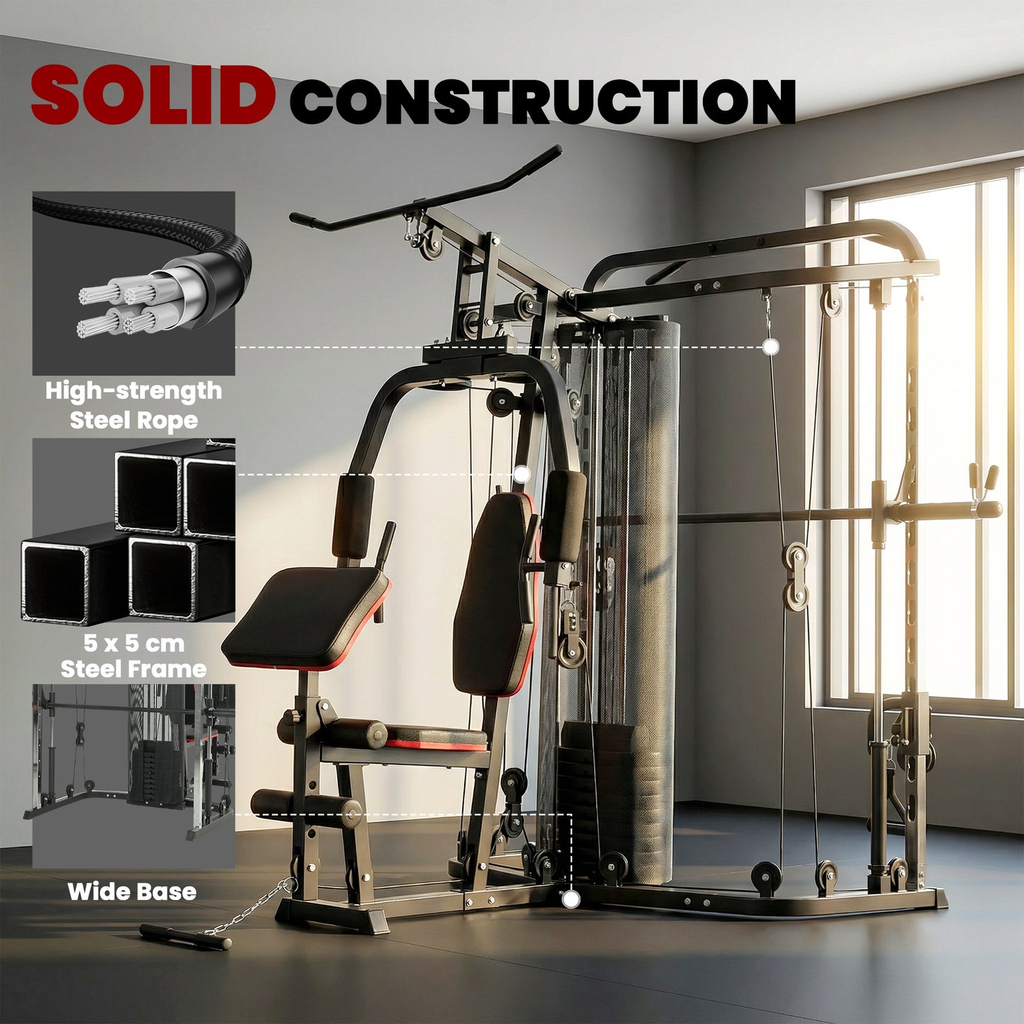 Home Multi Gym Smith Machine with 65kg Weight Stack, Cable Pulley System, Chest Station, Preacher Pad & Leg Developer