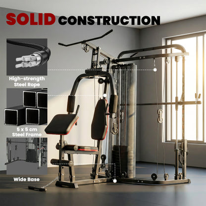 Home Multi Gym Smith Machine with 65kg Weight Stack, Cable Pulley System, Chest Station, Preacher Pad & Leg Developer