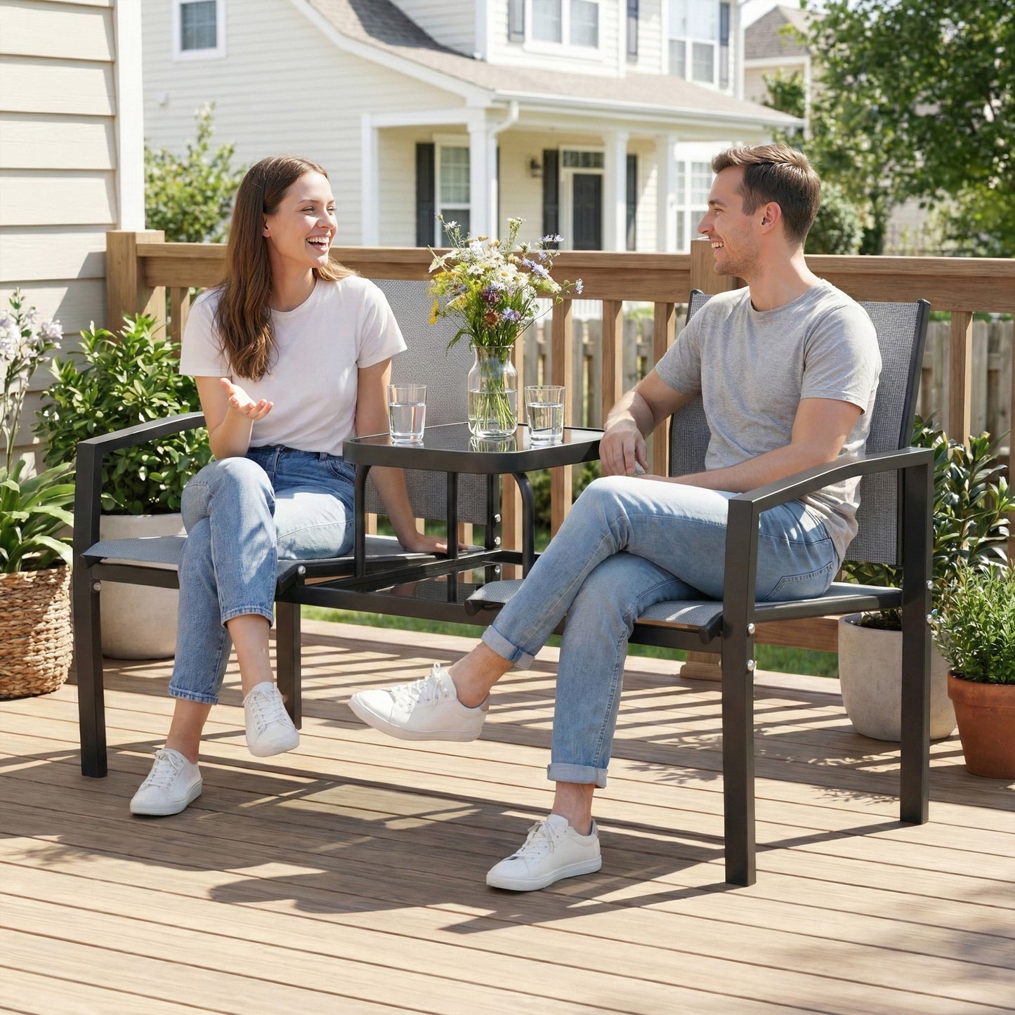 Garden Love Seat, 2 Seater Jack and Jill Loveseat Companion Seat with 2-Tier Glass Table, Breathable Texteline, Grey