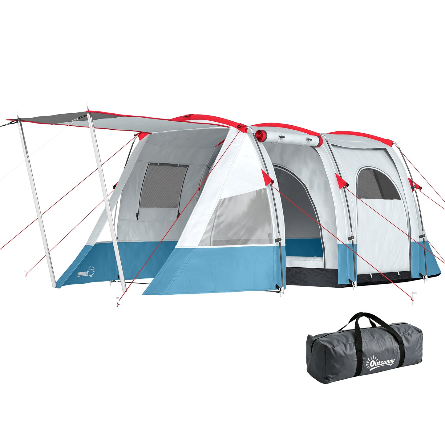 3 Person Tunnel Tent, Large Camping Tent with Bedroom, Living Room, Sewn-in Floor, 3 Doors, Carry Bag, 2000mm for Fishing