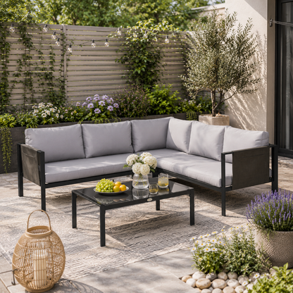 5 Seater Garden Corner Sofa Set, 4 Pieces Metal Garden Furniture Set with Loveseats, Glass Top Coffee Table