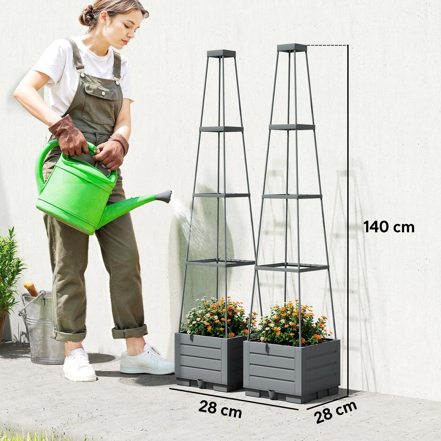 2 Pack Raised Garden Bed with Trellis, Plastic Outdoor Planter Box with Removable Drainage Tray