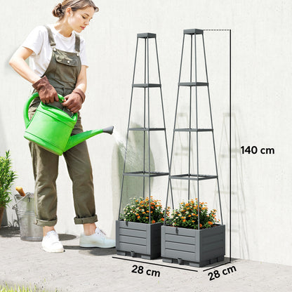 2 Pack Raised Garden Bed with Trellis, Plastic Outdoor Planter Box with Removable Drainage Tray