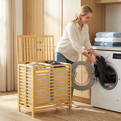 Bamboo Laundry Basket with Lid, 2 Baskets, Foldable, 64L, Natural and Cream White