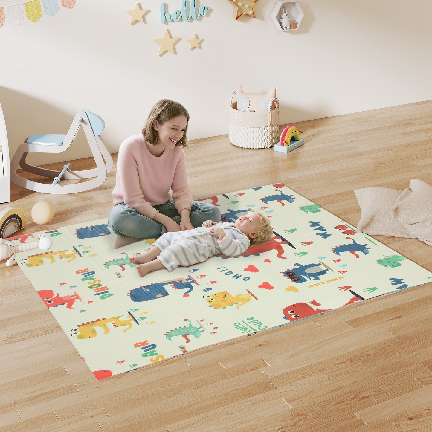 Dinosaur-Themed Baby Plat Mat Double Sided, Foldable, Water-Resistant for Outdoor/Indoor, 177 x 146 x 1.5cm