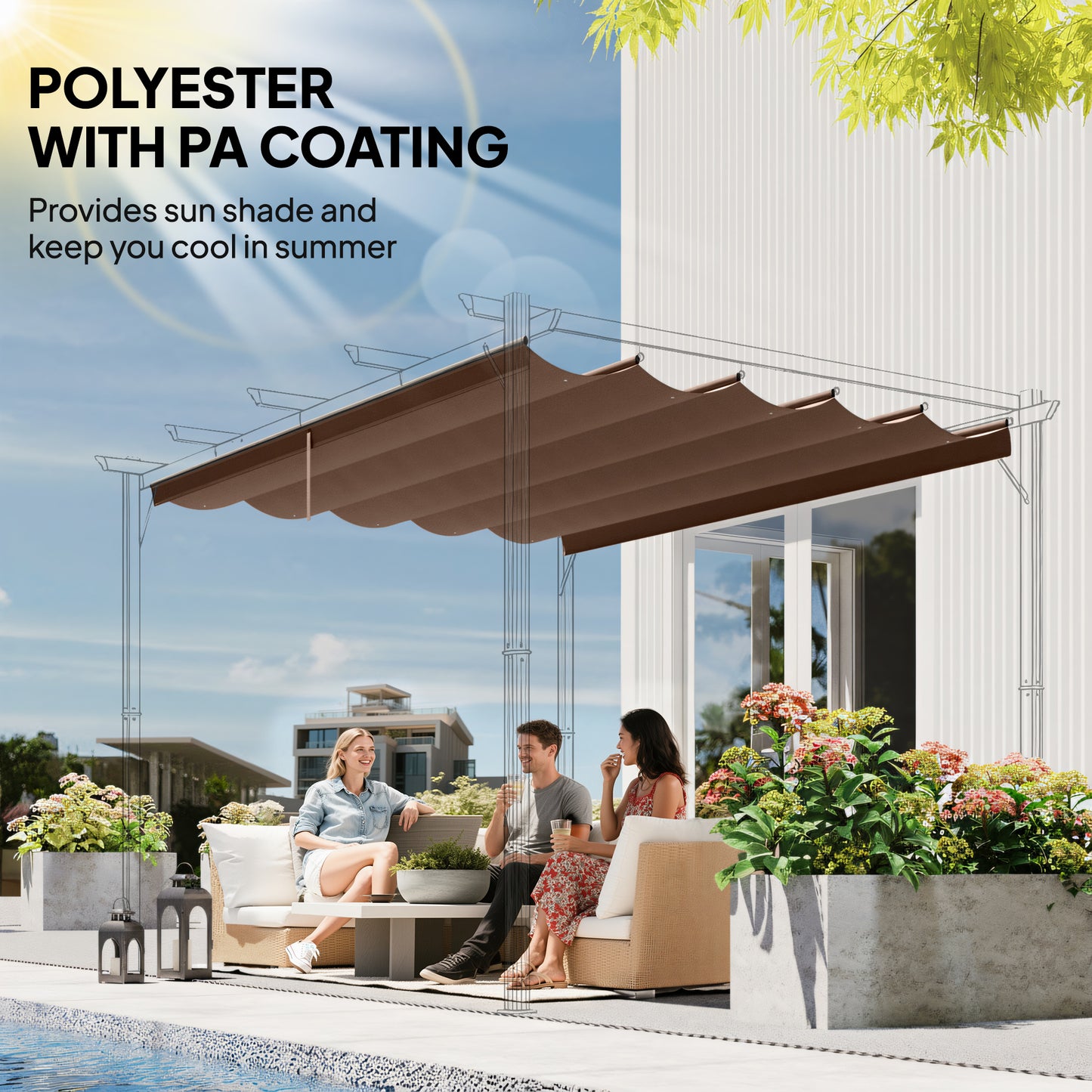 Retractable Pergola Cover, 2.55 x 2.5 m Replacement Canopy Fabric for 3 x 3 m Frame, Roof Top Only, Brown
