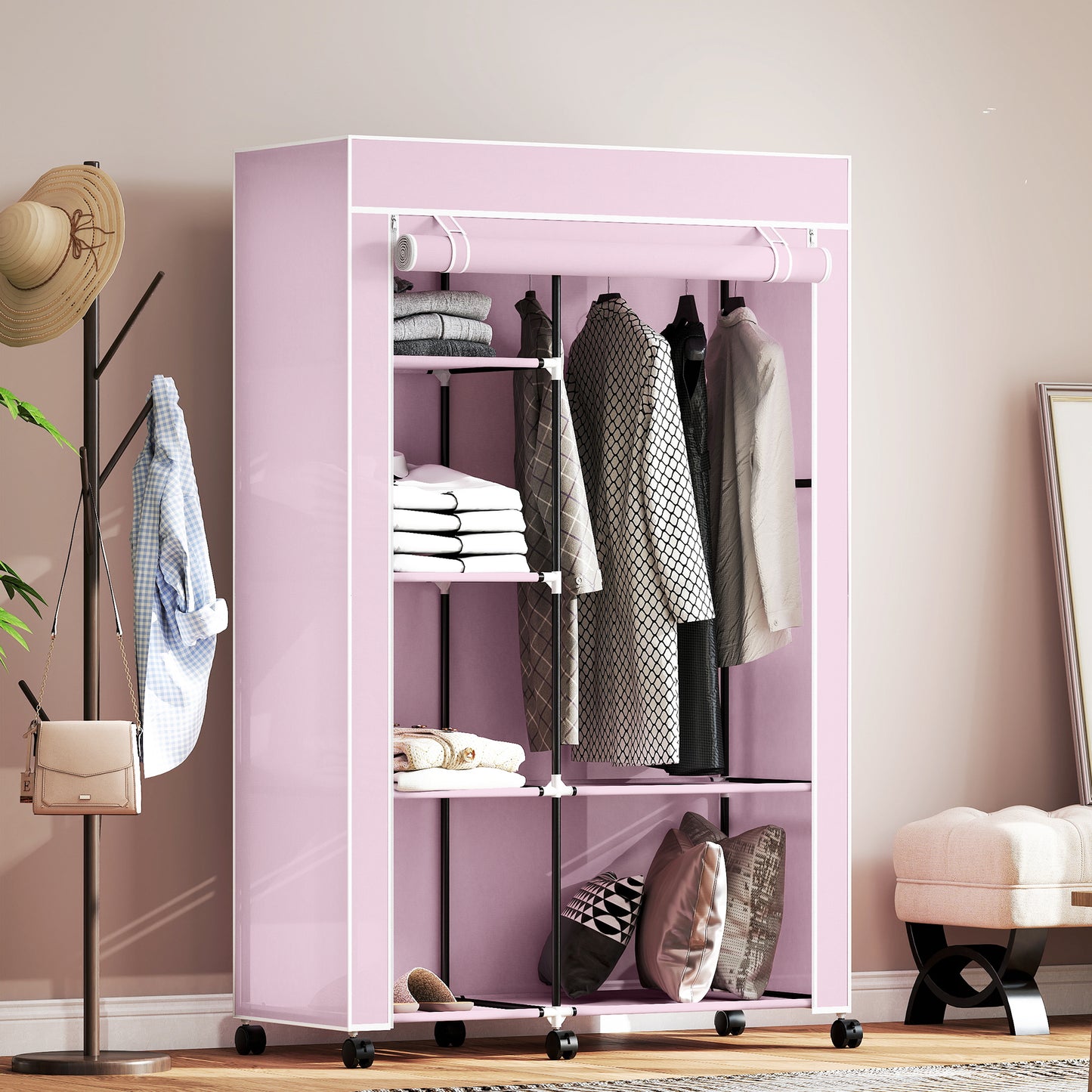 Fabric Wardrobe w/ Shelves Hanging Rail Foldable Wardrobe Pink