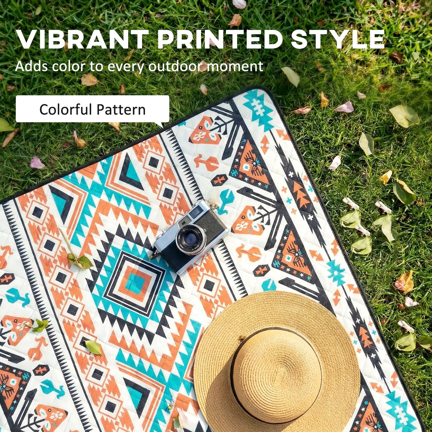 Picnic Blanket, 200x200CM Large Beach Blanket Outdoor Picnic Mat with Integrated Strap for Camping, Mix-Colour