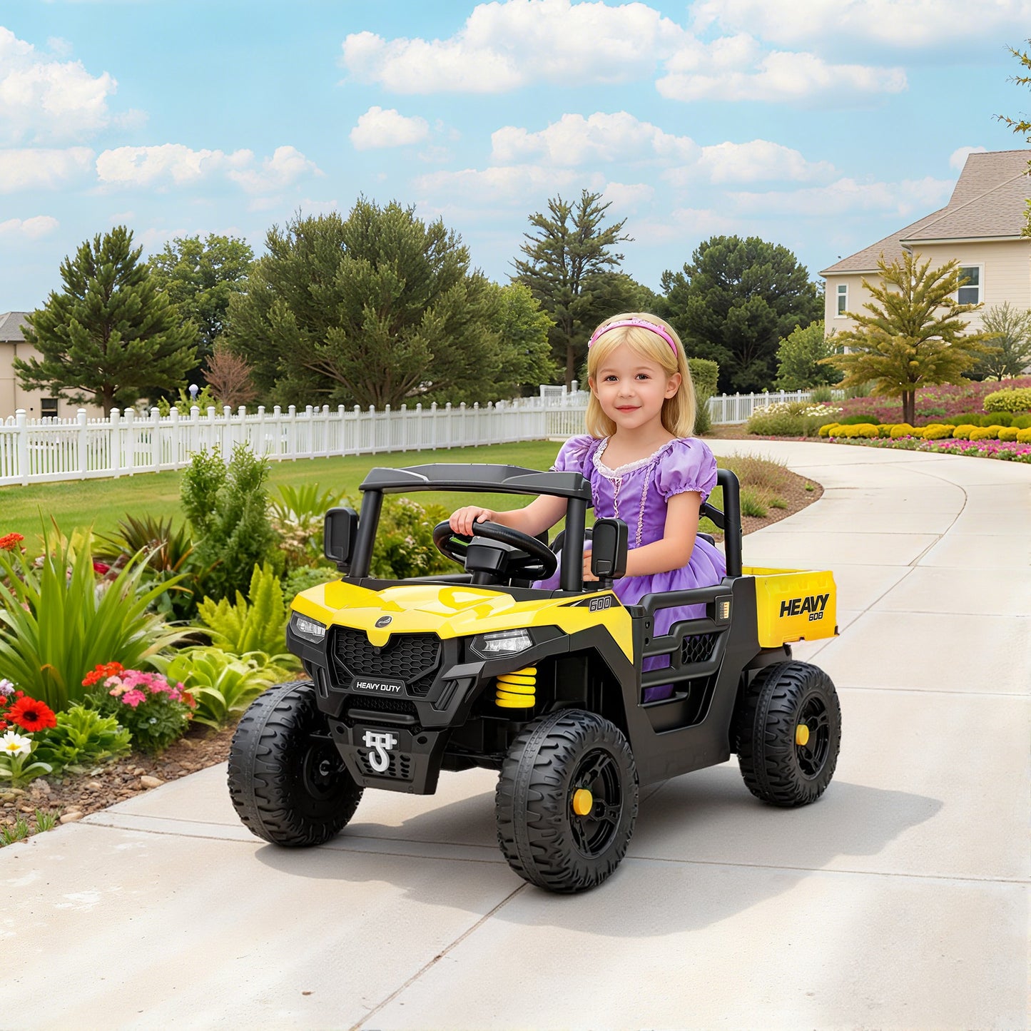 Kids Ride on Car, 12V Electric Kids UTV with Electric Dump Bed, 4-Wheel Suspension for 3-8 Years, Yellow