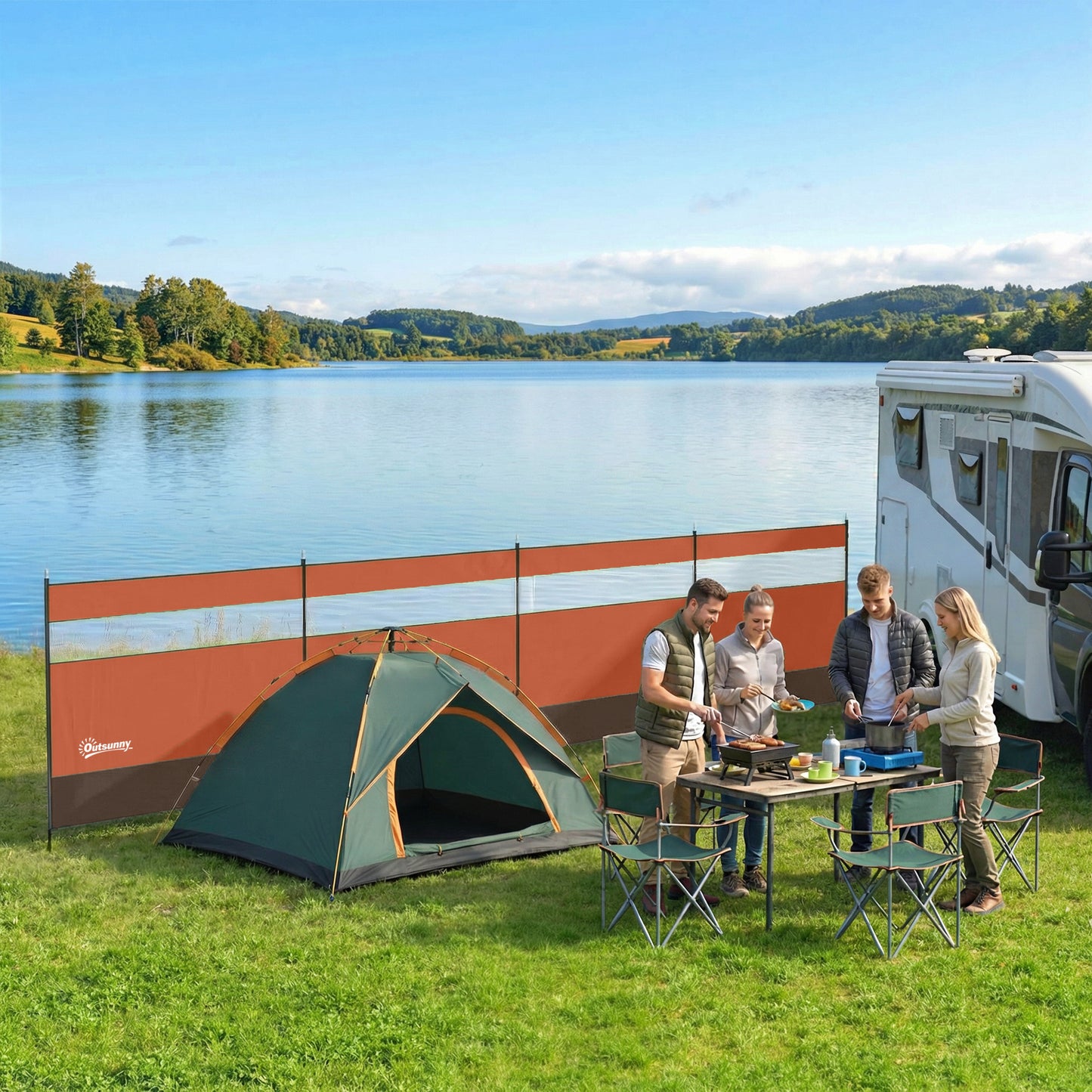 Camping Windbreaker with Clear Windows, Carry Bag and Steel Poles, for Beach Caravan Campervan, 725 x 140cm, Orange