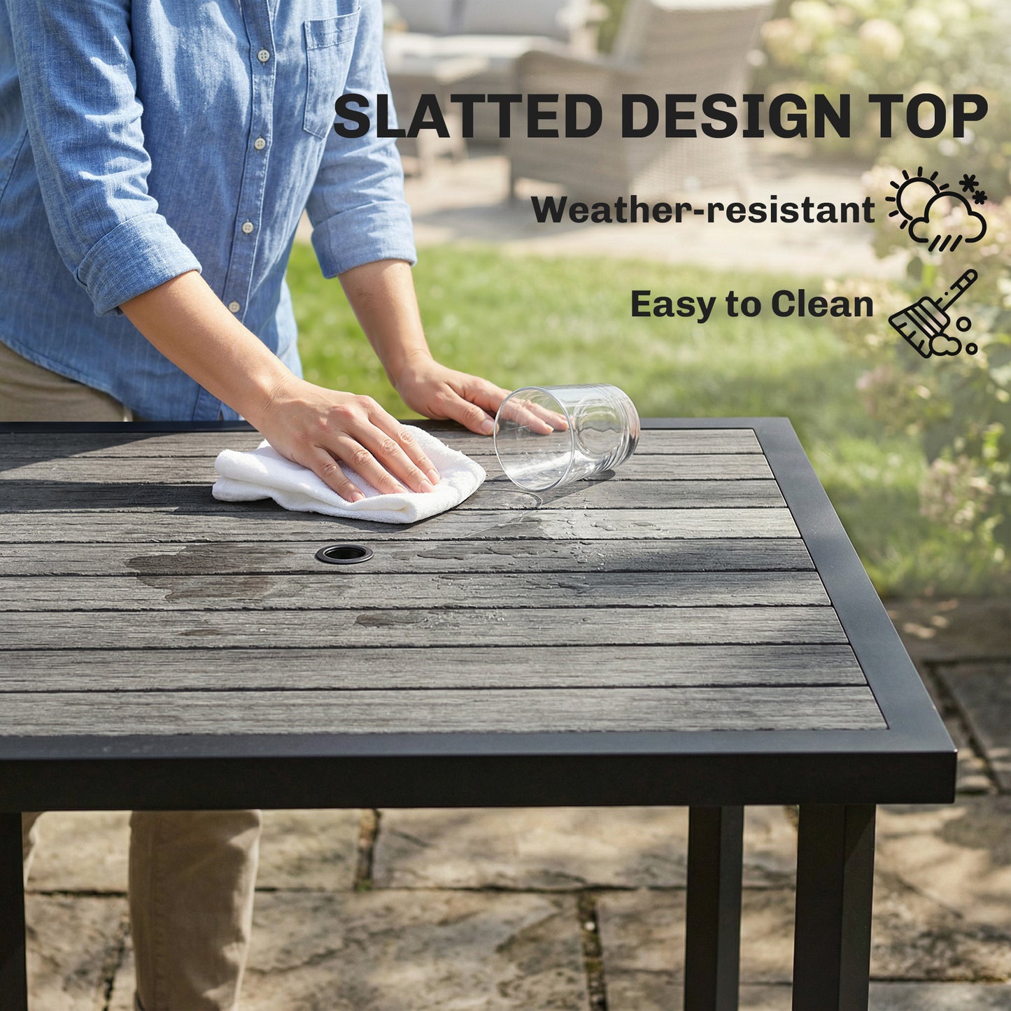 Square Garden Dining Table with Parasol Hole, Slatted Top, Metal Frame, 86 x 86 x 71 cm, Light Grey