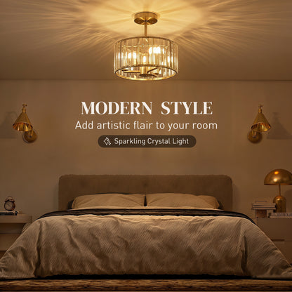 Semi Flush Mount Modern Crystal Chandelier Ceiling Light, Crystal Ceiling Light Fixture with E14 Base, Gold