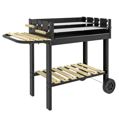 Charcoal BBQ Grill, Barbecue Trolley with Double Adjustable Grill, Side Table