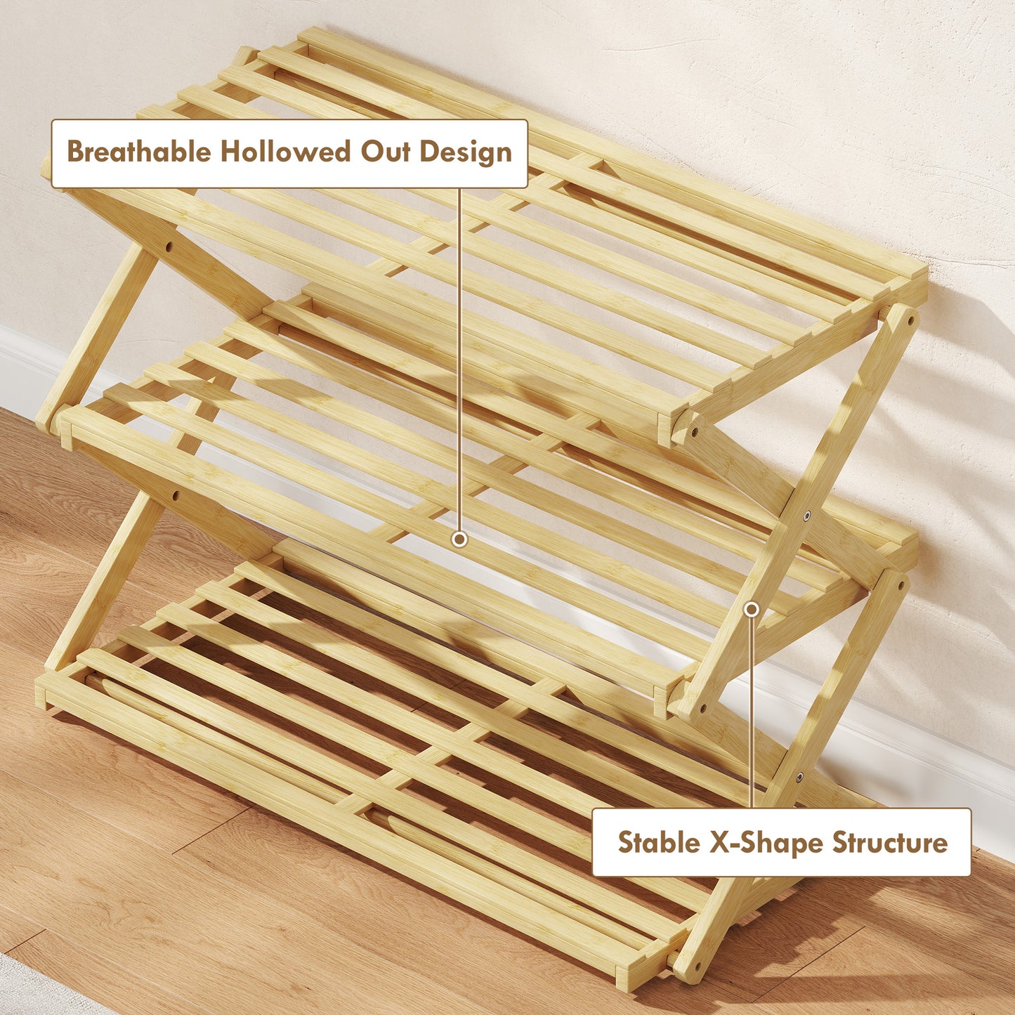 Three-Tier Folding Bamboo Shoe Rack - Natural Finish