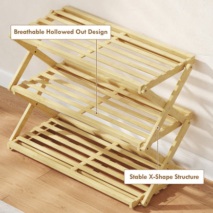 Three-Tier Folding Bamboo Shoe Rack - Natural Finish