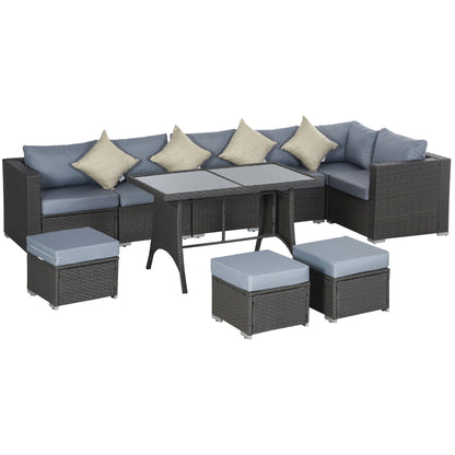 9-Seater Garden Rattan Furniture 10 Pcs Rattan Corner Dining Sofa Set, Grey/Dusty Blue Cushion