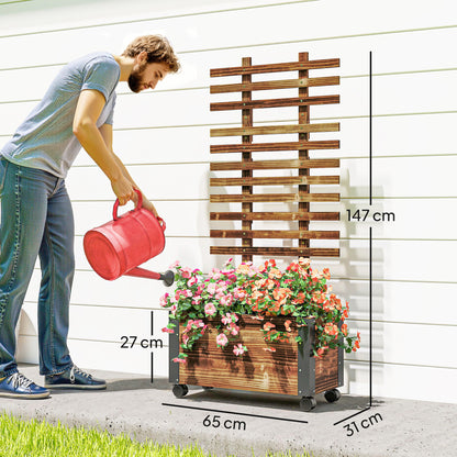 Raised Garden Bed with Trellis, Outdoor Wooden Planter Box with Metal Corners and Wheels, Raised Bed for Garden