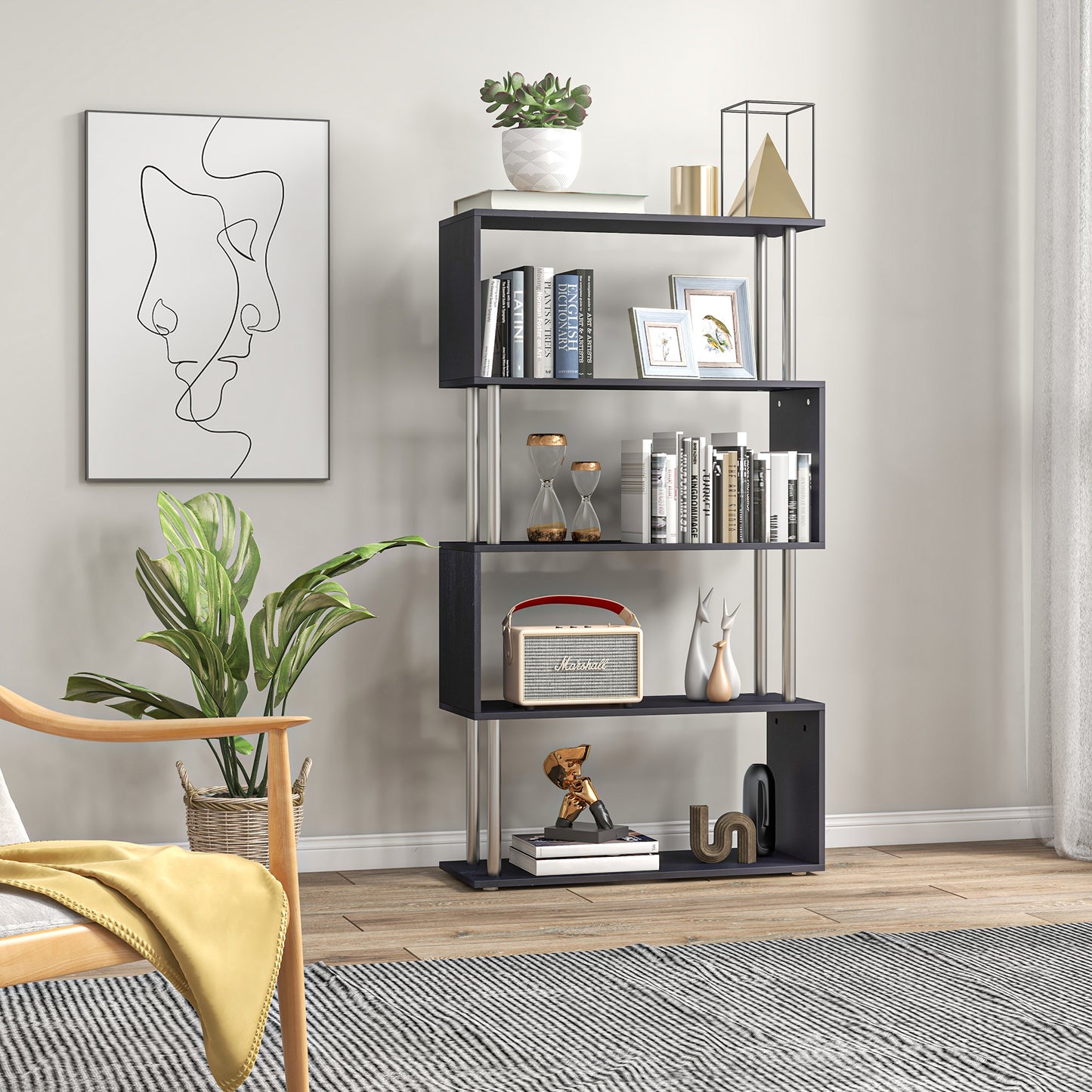 S Shape Bookcase, 5 Tiers Bookshelf, Modern Freestanding Storage Shelf for Home Office, Study, Living Room