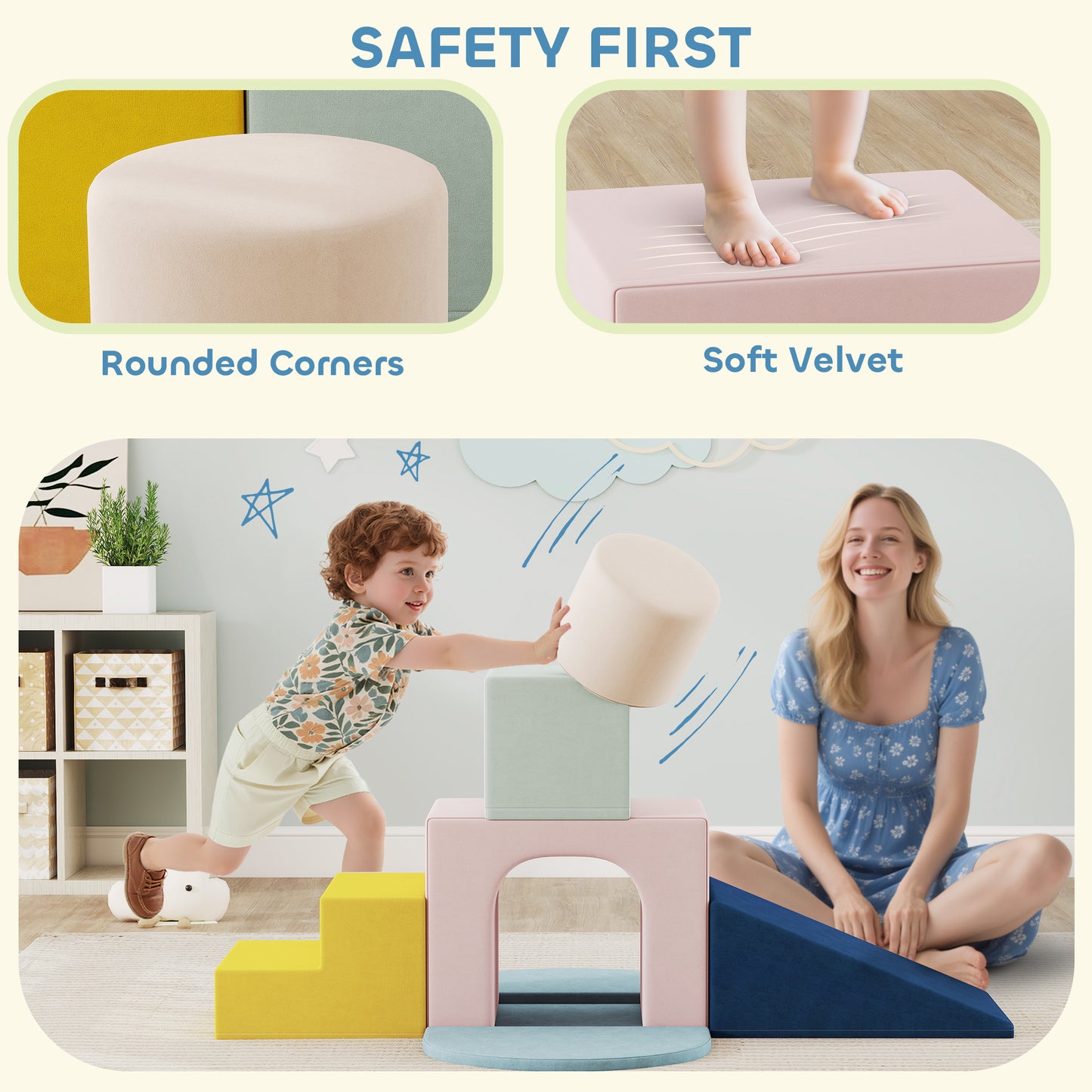 8-Piece Foam Play Blocks for Kids, Soft Motor Skill Blocks with Washable Velvet Covers, Indoor Climbing Set, Multicolor