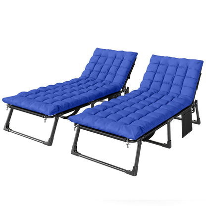 Folding Sun Loungers for Garden Set of 2, 5-Position Oversized Camping Bed Recliner with Cushions, Blue