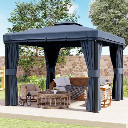 3 x 3(m) Patio Gazebo Canopy Garden Pavilion Tent Shelter Marquee with 2 Tier Roof, Netting and Curtains, Dark Blue