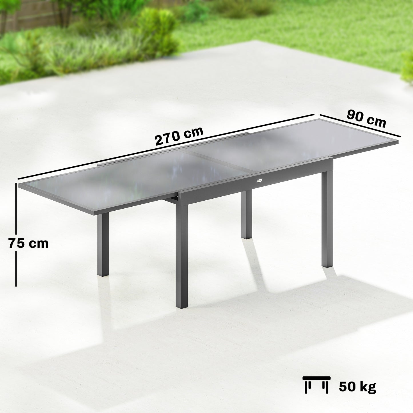Extending Garden Table for 6-10, Aluminium Outdoor Dining Table with Tempered Glass Top, Grey
