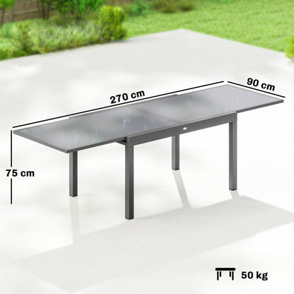 Extending Garden Table for 6-10, Aluminium Outdoor Dining Table with Tempered Glass Top, Grey