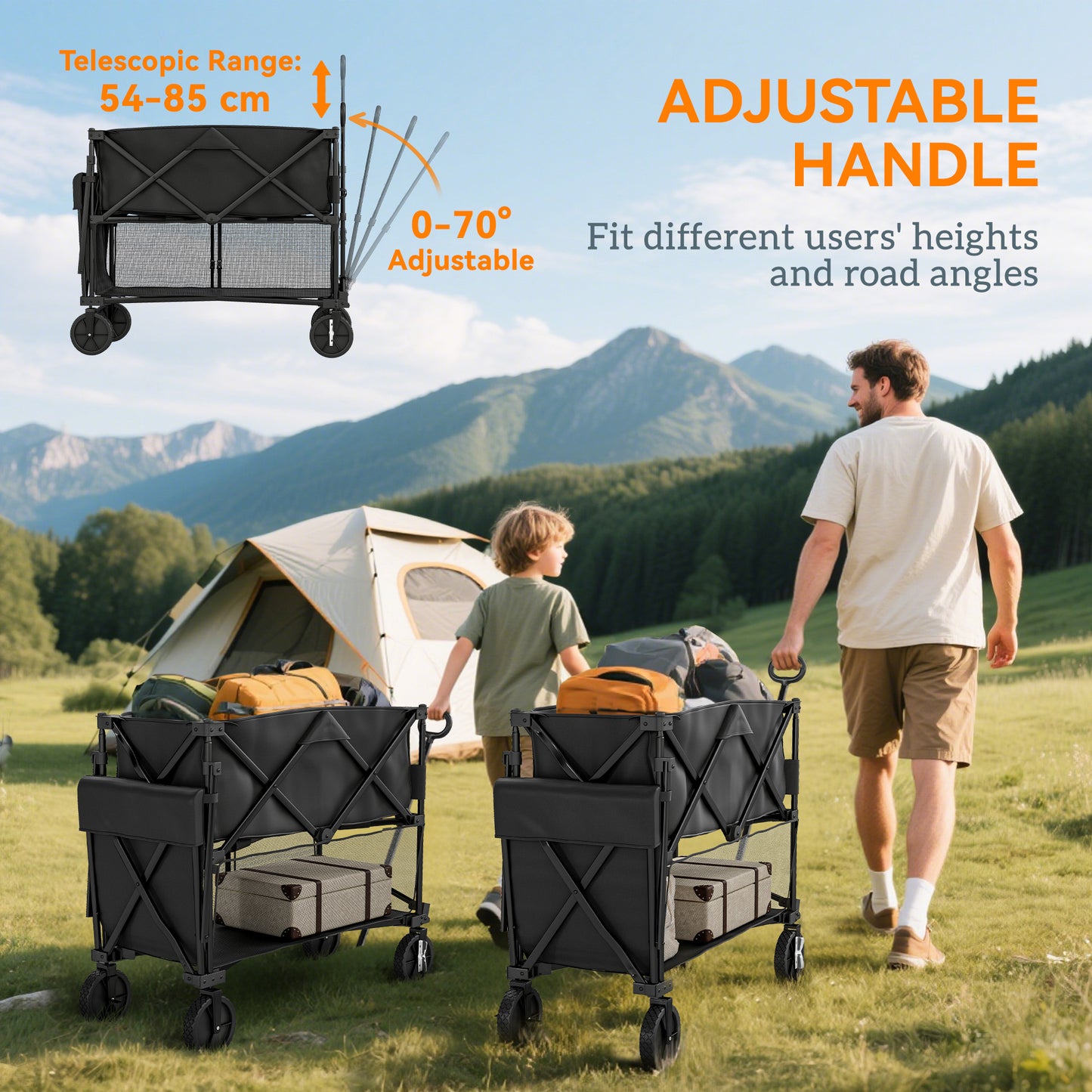 Double Decker Folding Festival Trolley on Wheels, 200KG & 350L Capacity Collapsible Wagon Festival Trolley Cart
