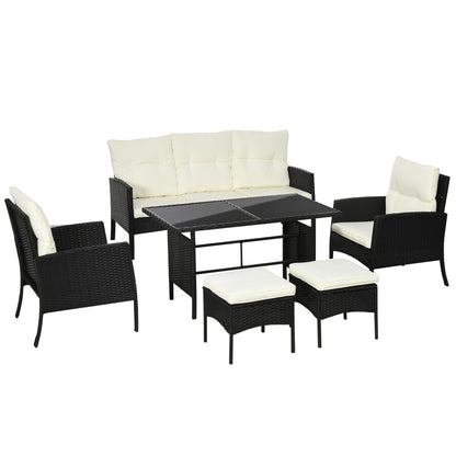 7 Seater Rattan Garden Furniture Set, 6 Piece Garden Dining Set, Armchairs, 3-Seater Sofa, Footstools, Glass Dining Table