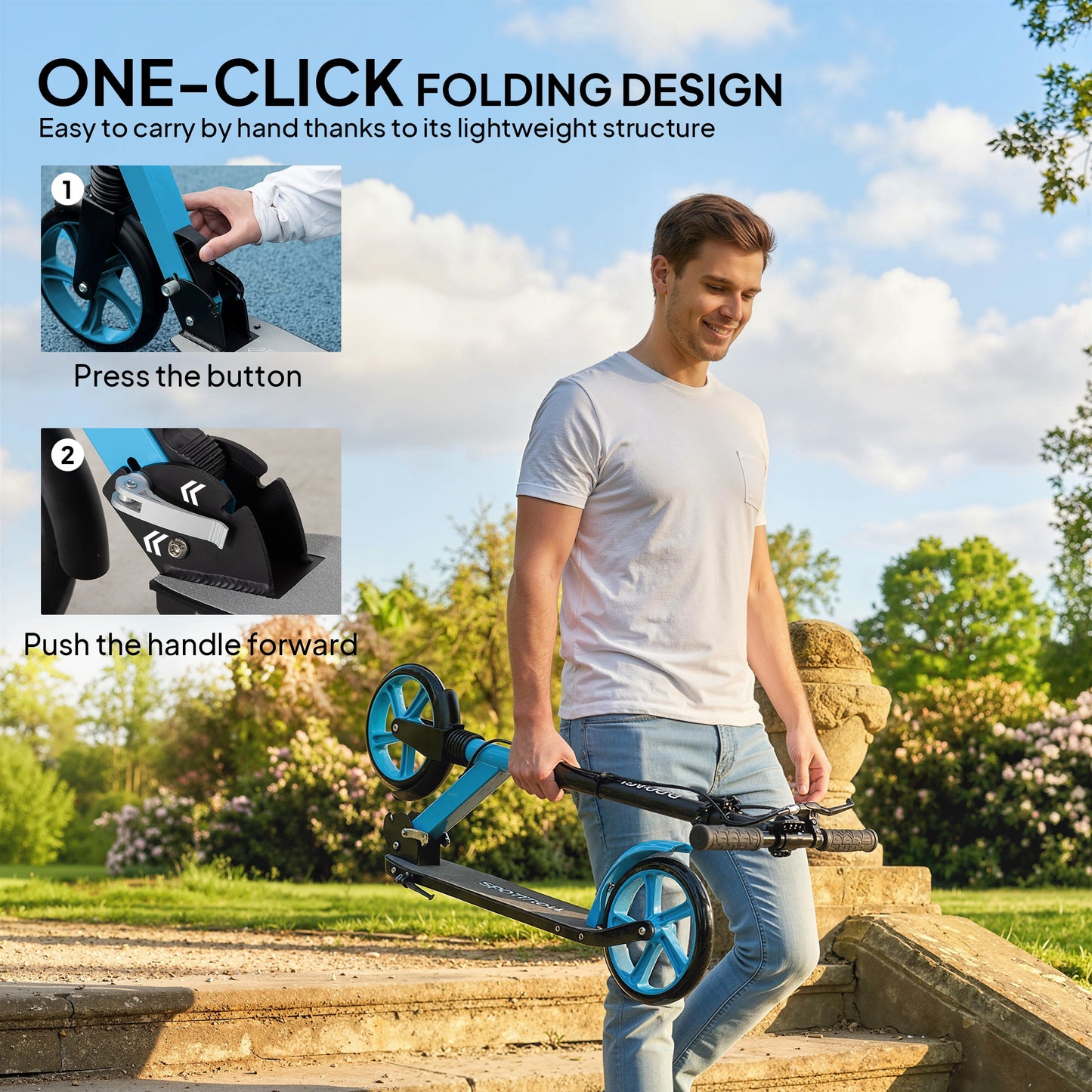 One-click Folding Kick Scooter for 14+ w/ Adjustable Handlebar, Push Scooter with Kickstand, Dual Brake System, Blue