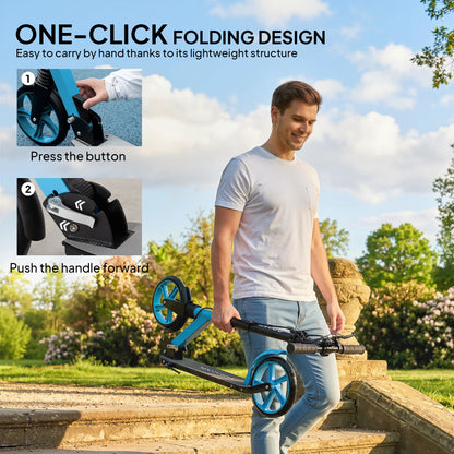 One-click Folding Kick Scooter for 14+ w/ Adjustable Handlebar, Push Scooter with Kickstand, Dual Brake System, Blue