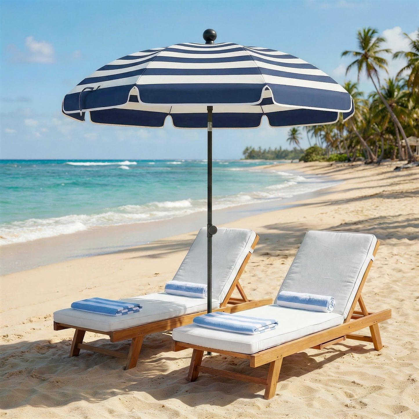 1.8 m Beach Umbrella Parasol with Sand Anchor, Portable 30° Tilting Patio Sun Shade with Adjustable Height, Blue/White