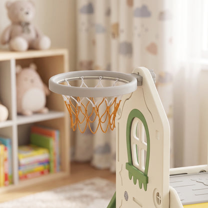 Foldable 5 in 1 Toddler Slide with Ladder, Climbing Wall, Basketball Hoop, Storage and Basketball for 1-3 Years, Cream