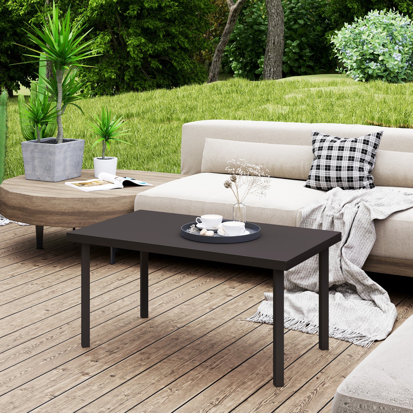 Metal Garden Coffee Table, Rectangular Outdoor Side Table with Woodgrain Tabletop, Foot Pads for Outside, Garden, Balcony