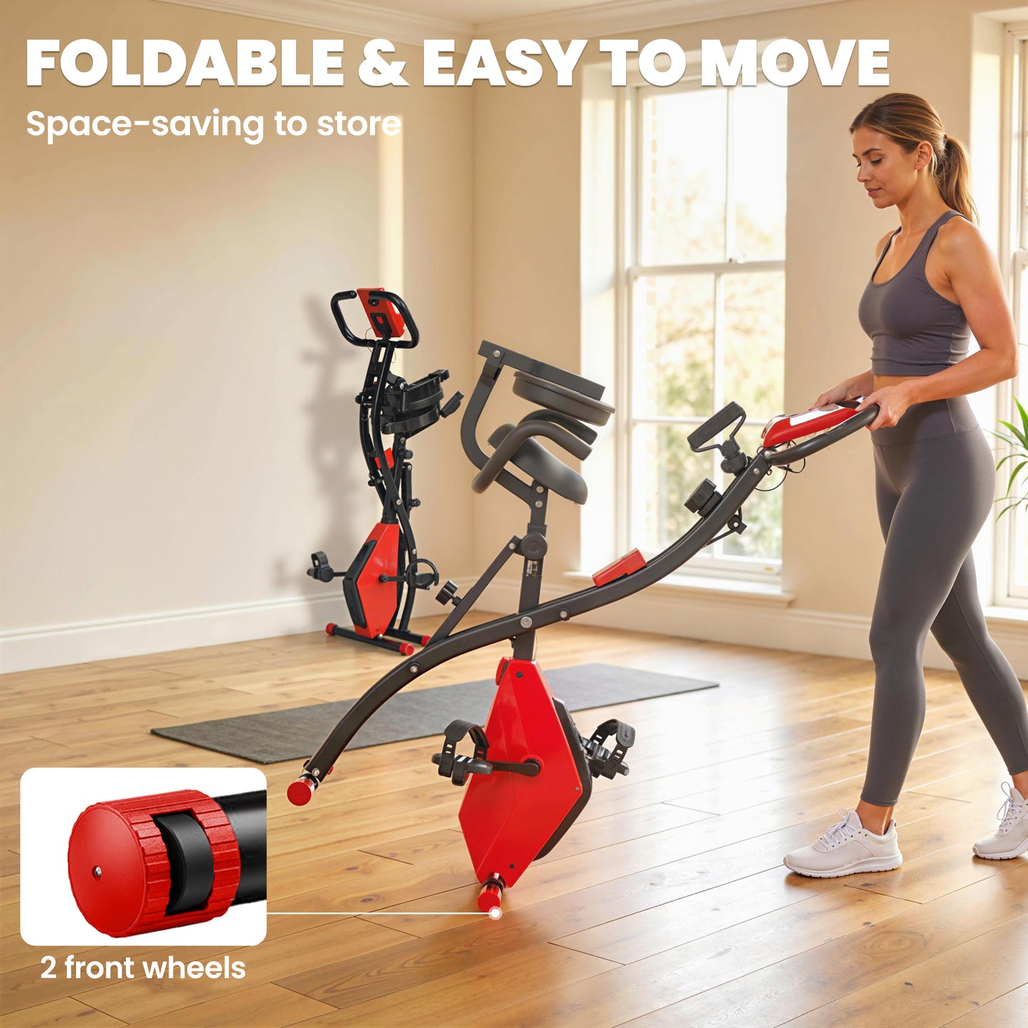 2-in-1 Folding Exercise Bike with 8-Level Magnetic Resistance, Arm Resistance Band, Pulse Sensor, Red