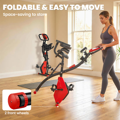 2-in-1 Folding Exercise Bike with 8-Level Magnetic Resistance, Arm Resistance Band, Pulse Sensor, Red