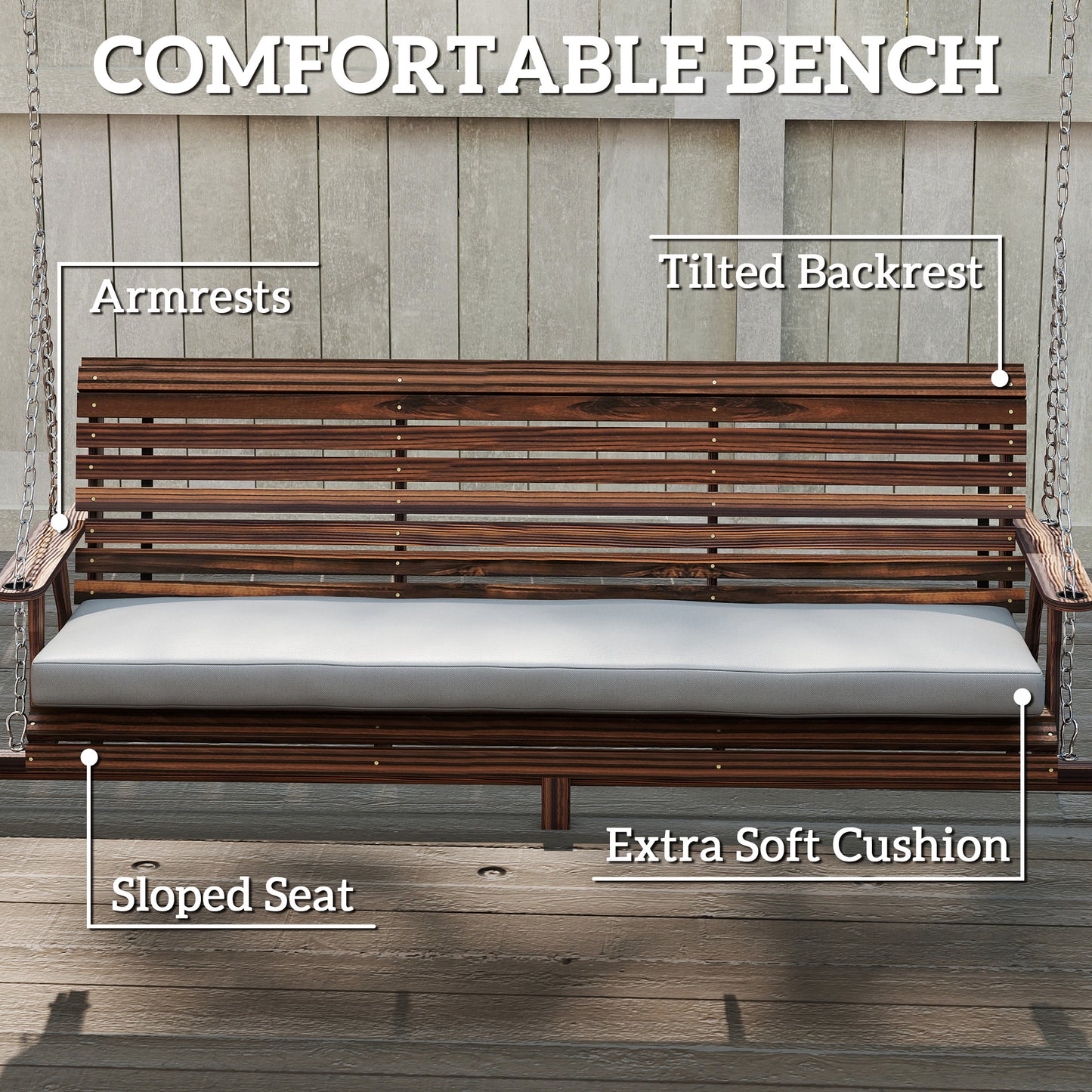 3 Seater Garden Swing Seat, Wooden Swing Chair Bench with Cushion, Side Trays and Metal Chains, for Outdoor Porch Patio