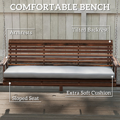 3 Seater Garden Swing Seat, Wooden Swing Chair Bench with Cushion, Side Trays and Metal Chains, for Outdoor Porch Patio