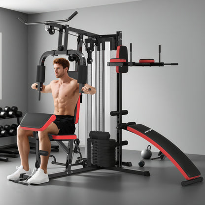 Multi Gym Workout Station, Weight Machine with 65kg Weight Stack, Sit Up Bench, Push Up Stand, Dip Station